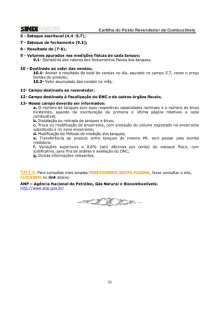 Cartilha do Posto Revendedor de Combustíveis
6 - Estoque escritural (4.4 -5.7);
7 - Estoque de fechamento (9.1);
8 - Resultado de (7-6);
9 - Volumes apurados nas medições físicas de cada tanque;
9.1- Somatório dos valores dos fechamentos físicos dos tanques;
10 - Destinado ao valor das vendas;
10.1- Anotar o resultado do total de vendas no dia, apurado no campo 5.7, vezes o preço
bomba do produto;
10.2- Valor acumulado das vendas no mês;
11- Campo destinado ao revendedor;
12- Campo destinado à fiscalização do DNC e de outros órgãos fiscais;
13- Nesse campo deverão ser informados:
a. O número de tanques com suas respectivas capacidades nominais e o número de bicos
existentes, quando da escrituração da primeira e última página relativas a cada
combustível;
b. Instalação ou retirada de tanques e bicos;
c. Troca ou modificação de encerrante, com anotação do volume registrado no encerrante
substituído e no novo encerrante;
d. Modificação do Método de medição dos tanques;
e. Transferência de produto entre tanques do mesmo PR, sem passar pela bomba
medidora;
f. Variações superiores a 0,6% (seis décimos por cento) do estoque físico, com
justificativa, para fins de análise e avaliação do DNC;
g. Outras informações relevantes.

NOTA: Para consultas mais amplas DIRETAMENTE DESTA PÁGINA, favor consultar o site,
CLICANDO no link abaixo:
ANP – Agência Nacional de Petróleo, Gás Natural e Biocombustíveis:
http://www.anp.gov.br/

30

 