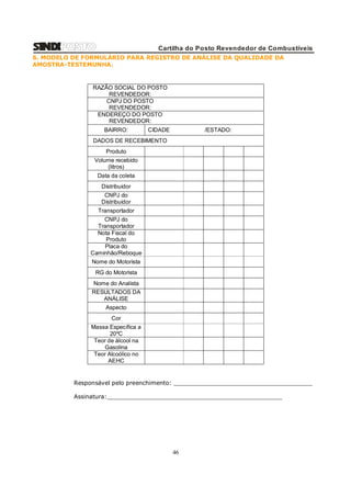 Cartilha do Posto Revendedor de Combustíveis
6. MODELO DE FORMULÁRIO PARA REGISTRO DE ANÁLISE DA QUALIDADE DA
AMOSTRA-TESTEMUNHA.

RAZÃO SOCIAL DO POSTO
REVENDEDOR:
CNPJ DO POSTO
REVENDEDOR:
ENDEREÇO DO POSTO
REVENDEDOR:
BAIRRO:

CIDADE

/ESTADO:

DADOS DE RECEBIMENTO
Produto
Volume recebido
(litros)
Data da coleta
Distribuidor
CNPJ do
Distribuidor
Transportador
CNPJ do
Transportador
Nota Fiscal do
Produto
Placa do
Caminhão/Reboque
Nome do Motorista
RG do Motorista
Nome do Analista
RESULTADOS DA
ANÁLISE
Aspecto
Cor
Massa Específica a
20ºC
Teor de álcool na
Gasolina
Teor Alcoólico no
AEHC

Responsável pelo preenchimento: ______________________________________
Assinatura:________________________________________________

46

 