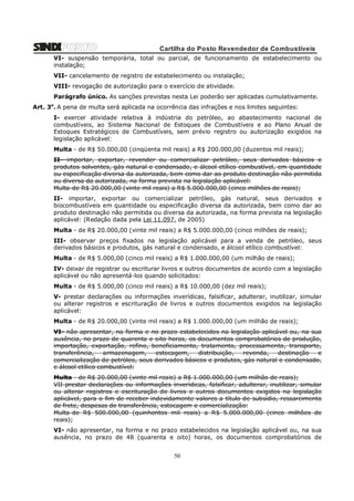 Cartilha do Posto Revendedor de Combustíveis
VI- suspensão temporária, total ou parcial, de funcionamento de estabelecimento ou
instalação;
VII- cancelamento de registro de estabelecimento ou instalação;
VIII- revogação de autorização para o exercício de atividade.
Parágrafo único. As sanções previstas nesta Lei poderão ser aplicadas cumulativamente.
o

Art. 3 . A pena de multa será aplicada na ocorrência das infrações e nos limites seguintes:
I- exercer atividade relativa à indústria do petróleo, ao abastecimento nacional de
combustíveis, ao Sistema Nacional de Estoques de Combustíveis e ao Plano Anual de
Estoques Estratégicos de Combustíveis, sem prévio registro ou autorização exigidos na
legislação aplicável:
Multa - de R$ 50.000,00 (cinqüenta mil reais) a R$ 200.000,00 (duzentos mil reais);
II- importar, exportar, revender ou comercializar petróleo, seus derivados básicos e
produtos solventes, gás natural e condensado, e álcool etílico combustível, em quantidade
ou especificação diversa da autorizada, bem como dar ao produto destinação não permitida
ou diversa da autorizada, na forma prevista na legislação aplicável:
Multa-de R$ 20.000,00 (vinte mil reais) a R$ 5.000.000,00 (cinco milhões de reais);
II- importar, exportar ou comercializar petróleo, gás natural, seus derivados e
biocombustíveis em quantidade ou especificação diversa da autorizada, bem como dar ao
produto destinação não permitida ou diversa da autorizada, na forma prevista na legislação
aplicável: (Redação dada pela Lei 11.097, de 2005)
Multa - de R$ 20.000,00 (vinte mil reais) a R$ 5.000.000,00 (cinco milhões de reais);
III- observar preços fixados na legislação aplicável para a venda de petróleo, seus
derivados básicos e produtos, gás natural e condensado, e álcool etílico combustível:
Multa - de R$ 5.000,00 (cinco mil reais) a R$ 1.000.000,00 (um milhão de reais);
IV- deixar de registrar ou escriturar livros e outros documentos de acordo com a legislação
aplicável ou não apresentá-los quando solicitados:
Multa - de R$ 5.000,00 (cinco mil reais) a R$ 10.000,00 (dez mil reais);
V- prestar declarações ou informações inverídicas, falsificar, adulterar, inutilizar, simular
ou alterar registros e escrituração de livros e outros documentos exigidos na legislação
aplicável:
Multa - de R$ 20.000,00 (vinte mil reais) a R$ 1.000.000,00 (um milhão de reais);
VI- não apresentar, na forma e no prazo estabelecidos na legislação aplicável ou, na sua
ausência, no prazo de quarenta e oito horas, os documentos comprobatórios de produção,
importação, exportação, refino, beneficiamento, tratamento, processamento, transporte,
transferência,
armazenagem,
estocagem,
distribuição,
revenda,
destinação
e
comercialização de petróleo, seus derivados básicos e produtos, gás natural e condensado,
e álcool etílico combustível:
Multa - de R$ 20.000,00 (vinte mil reais) a R$ 1.000.000,00 (um milhão de reais);
VII-prestar declarações ou informações inverídicas, falsificar, adulterar, inutilizar, simular
ou alterar registros e escrituração de livros e outros documentos exigidos na legislação
aplicável, para o fim de receber indevidamente valores a título de subsídio, ressarcimento
de frete, despesas de transferência, estocagem e comercialização:
Multa-de R$ 500.000,00 (quinhentos mil reais) a R$ 5.000.000,00 (cinco milhões de
reais);
VI- não apresentar, na forma e no prazo estabelecidos na legislação aplicável ou, na sua
ausência, no prazo de 48 (quarenta e oito) horas, os documentos comprobatórios de

50

 