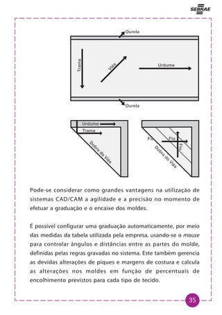 35
Pode-se considerar como grandes vantagens na utilização de
sistemas CAD/CAM a agilidade e a precisão no momento de
efetuar a graduação e o encaixe dos moldes.
É possível configurar uma graduação automaticamente, por meio
das medidas da tabela utilizada pela empresa, usando-se o mouse
para controlar ângulos e distâncias entre as partes do molde,
definidas pelas regras gravadas no sistema. Este também gerencia
as devidas alterações de piques e margens de costura e calcula
as alterações nos moldes em função de percentuais de
encolhimento previstos para cada tipo de tecido.
 
