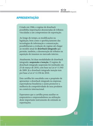 drawback integrado


APRESENTAÇÃO

 Criado em 1966, o regime de drawback
 possibilita importações desoneradas de tributos
 vinculadas a um compromisso de exportação.

 Ao longo do tempo, as modificações na
 legislação, bem como o aperfeiçoamento das
 tecnologias de informação e comunicação,
 possibilitaram a evolução do regime até chegar
 ao modelo atual de drawback integrado que
 permite, também, a desoneração de tributos na
 aquisição de insumos no mercado interno.

 Atualmente, há duas modalidades de drawback
 integrado: suspensão e isenção. O regime de
 drawback integrado suspensão foi instituído em
 25 de março de 2010, com base na Lei no 11.945
 de 2009. Já o drawback integrado isenção tem
 por base a Lei no 12.350 de 2010.

 Esta cartilha foi concebida com o propósito de
 apresentar o drawback integrado às empresas
 exportadoras brasileiras e assim promover a
 melhoria da competitividade de seus produtos
 no comércio internacional.

 Esperamos que a cartilha possa auxiliar os
 empresários e empreendedores na utilização
 deste importante instrumento de estímulo às
 exportações.



                                                             5
 