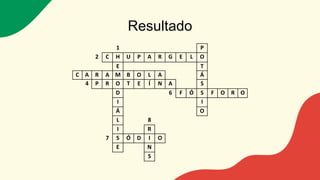 Resultado
1 P
2 C H U P A R G E L O
E T
C A R A M B O L A Á
4 P R O T E Í N A S
D 6 F Ó S F O R O
I I
Á O
L 8
I R
7 S Ó D I O
E N
S
 