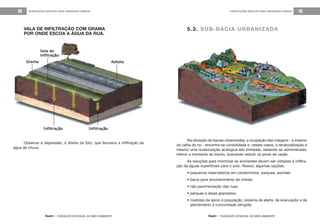 feam - FUNDAÇÃO ESTADUAL DO MEIO AMBIENTE
ORIENTAÇÕES BÁSICAS PARA DRENAGEM URBANA 19
feam - FUNDAÇÃO ESTADUAL DO MEIO AMBIENTE
ORIENTAÇÕES BÁSICAS PARA DRENAGEM URBANA18
VALA DE INFILTRAÇÃO COM GRAMA
POR ONDE ESCOA A ÁGUA DA RUA.
Observar a depressão, à direita da foto, que favorece a infiltração da
água de chuva.
5.3. SUB-BACIA URBANIZADA
Na situação de bacias urbanizadas, a ocupação das margens - e mesmo
da calha do rio - encontra-se consolidada e, nestes casos, a renaturalização e
mesmo uma revalorização ecológica são limitadas, restando ao administrador
intervir a montante do trecho, buscando reduzir os picos de vazão.
As soluções para minimizar as enchentes devem ser voltadas à infiltra-
ção da águas superficiais para o solo. Abaixo, algumas opções:
• pequenos reservatórios em condomínios, parques, escolas;
• bacia para amortecimento de cheias;
• não-pavimentação das ruas;
• parques e áreas gramados;
• medidas de apoio à população, sistema de alerta, de evacuação e de
atendimento à comunidade atingida;
 