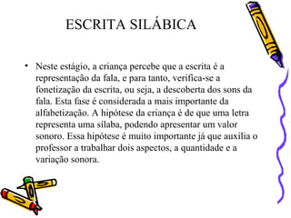 ESCRITA SILÁBICA
• Neste estágio, a criança percebe que a escrita é a
representação da fala, e para tanto, verifica-se a
fonetização da escrita, ou seja, a descoberta dos sons da
fala. Esta fase é considerada a mais importante da
alfabetização. A hipótese da criança é de que uma letra
representa uma sílaba, podendo apresentar um valor
sonoro. Essa hipótese é muito importante já que auxilia o
professor a trabalhar dois aspectos, a quantidade e a
variação sonora.
 