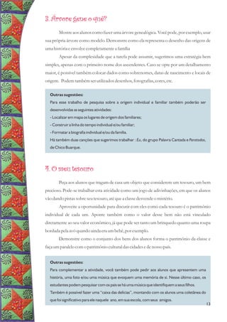 3. Árvore gene o quê?
Mostreaos alunos como fazer uma árvore genealógica. Você pode, por exemplo, usar
sua própria árvore como modelo. Demonstre como ela representa o desenho das origens de
umahistóriaeenvolvecompletamentea família
Apesar da complexidade que a tarefa pode assumir, sugerimos uma estratégia bem
simples, apenas com o primeiro nome dos ascendentes. Caso se opte por um detalhamento
maior, é possível também colocar dados como sobrenomes, datas de nascimento e locais de
origem. Podemtambémserutilizadosdesenhos,fotografias,cores,etc.
Outras sugestões:
Para esse trabalho de pesquisa sobre a origem individual e familiar também poderão ser
desenvolvidas as seguintes atividades:
- Localizar em mapa os lugares de origem dos familiares;
- Construir a linha do tempo individual e/ou familiar;
- Formatar a biografia individual e/ou da família.
Há também duas canções que sugerimos trabalhar : Eu, do grupo Palavra Cantada e Paratodos,
de Chico Buarque.
4. O meu tesouro
Peça aos alunos que tragam de casa um objeto que considerem um tesouro, um bem
precioso. Pode-se trabalhar esta atividade como um jogo de adivinhações, em que os alunos
vão dando pistassobreseutesouro,atéquea classedesvendeo mistério.
Aproveite a oportunidade para discutir com eles como cada tesouro é o patrimônio
individual de cada um. Aponte também como o valor desse bem não está vinculado
diretamente ao seu valor econômico, já que pode ser tanto um brinquedo quanto uma roupa
bordada pela avó quando ainda eraumbebê,por exemplo.
Demonstre como o conjunto dos bens dos alunos forma o patrimônio da classe e
façaumparalelo como patrimônio culturaldascidadesedenosso país.
Outras sugestões:
Para complementar a atividade, você também pode pedir aos alunos que apresentem uma
história, uma foto e/ou uma música que evoquem uma memória de si. Nesse último caso, os
estudantes podem pesquisar com os pais se há uma música que identifiquem a seus filhos.
Também é possível fazer uma “caixa das delícias”, montando com os alunos uma coletânea do
que foi significativo para ele naquele ano, em sua escola, com seus amigos.
13
 