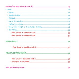 SUGESTÕES PARA SENSIBILIZAÇÃO................................................................................................ 18
SUGESTÕ PAR SENSIBILIZAÇÃO................................................................................................
          TÕES ARA
• - Livros...................................................................................................................................... 19
    •- Filmes............................................................................................................................................ 20
    •- Ajudas técnicas.......................................................................................................................... 20
    •- Atividade....................................................................................................................................... 20
     • - Livros de recortes.................................................................................................................. 22
         Visitas
     • - Visitas bem-vindas.............................................................................................................. 23
     •-Temas para redação e dramatização criativas...................................................................... 23
     • - Simulações............................................................................................................................... 25
            •-
            •-Para simular a deficiência física.......................................................................................... 25
              •-Para simular a deficiência visual.......................................................................................... 26
              •-

CÓDIGO BRAILLE................................................................................................................................................................. 26
       BRAILLE.................................................................................................................................................................

                •-Para simular a paralisia cerebral.............................................................................................. 27
                •-


 PRANCHA DE COMUNICAÇÃO........................................................................................................................................ 28
 PRANCHA COMUNI
              MUNICAÇÃO........................................................................................................................................


              •-Para simular a deficiência auditiva............................................................................................... 29
              •-                           auditiva...............................................................................................
              •-
              •-Envolvendo a comunidade.............................................................................................................. 29

             FINAL.............................................................................................................................
UMA MENSAGEM FINAL............................................................................................................................. 30
 
