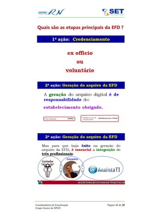 Quais são as etapas principais da EFD ?




Coordenadoria de Fiscalização   Página 11 de 28
Grupo Gestor do SPED
 