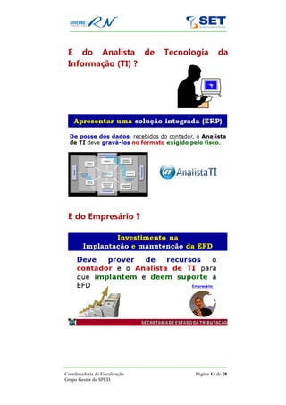 E do Analista de               Tecnologia       da
 Informação (TI) ?




 E do Empresário ?




Coordenadoria de Fiscalização          Página 13 de 28
Grupo Gestor do SPED
 
