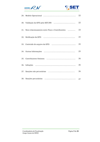 29. Modelo Operacional .........................................................…                22



30. Validação da EFD pela SET/RN                     .....................................…      22



31. Novo relacionamento entre Fisco e Contribuintes                           ..............     23



32. Retificação da EFD            …………..……………........................…..                         24



33. Conteúdo do arquivo da EFD                   ......................…………..……..                25



34. Outras Informações             …….………………..……….......…..……..                                  25



35. Contribuintes Omissos               …….......................................……..            26


36. Infrações       ........................................................................…    26


37. Sanções não pecuniárias                …….....…...……………..…………..                              26



38. Sanções pecuniárias             ……...............................…...…......…..              27




 Coordenadoria de Fiscalização                                                  Página 5 de 28
 Grupo Gestor do SPED
 