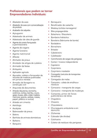 Profissionais que podem se tornar
Empreendedores Individuais:

•	 Abatedor de aves                                         • 	 Barraqueiro
• 	 Abatedor de aves com comercialização 	                  •	 Beneficiador de castanha
	 do produto                                                • 	 Bikeboy (ciclista mensageiro)
• 	 Acabador de calçados                                    •	 Bike propagandista
•	Açougueiro                                                •	 Bolacheiro / Biscoiteiro
•	 Adestrador de animais                                    •	 Bombeiro hidráulico
•	 Adestrador de cães de guarda                             • 	 Boneleiro (fabricante de bonés)
•	 Agente de correio franqueado                	            • 	 Bordadeiro
	 e permissionário
                                                            • 	 Borracheiro
•	 Agente de viagens
                                                            • 	 Britador
•	 Agente funerário
                                                            • 	 Cabeleireiro
•	 Agente matrimonial
                                                            • 	 Calafetador
•	Alfaiate
                                                            • 	 Caminhoneiro de cargas não perigosas
• 	 Alinhador de pneus
                                                            •	 Cantor / músico independente
•	 Amolador de artigos de cutelaria
                                                            • Capoteiro
• 	 Animador de festas
                                                            • 	 Carpinteiro
•	Antiquário
                                                            • 	 Carpinteiro instalador
•	 Aplicador agrícola
                                                            • 	 Carregador (veículos de transportes		
• 	 Apurador, coletor e fornecedor de 	                     	terrestres)
	 recortes de matérias publicadas 	
	 em jornais e revistas                                     • 	 Carregador de malas
• 	 Armador de ferragens na                    	            •	 Carroceiro - coleta de entulhos e        	
	 construção civil                                          	 resíduos
•	 Arquivista de documentos                                 • 	 Carroceiro – transporte de cargas
•	   Artesão (bijuterias, borracha,            	            • 	 Carroceiro – transporte de mudanças
	    cerâmica, cortiça, bambu, couro,                   	   • 	 Cartazista, pintor de faixas 		
	    gesso, louças, vidro, cristal, madeira,       	        	 publicitárias e de letras
	    mármore, granito, ardósia, metais,             	
	    papel, plástico e outros)                              • 	 Chapeleiro
• 	 Artesão em cimento                                      • 	 Chaveiro
• 	 Astrólogo                                               • 	 Chocolateiro
• 	 Azulejista                                              • 	 Churrasqueiro ambulante e em 		
                                                            	domicílio
• 	 Balanceador de pneus
                                                            • 	 Clicherista
•	 Baleiro
                                                            • 	 Cobrador (de dívidas)
• 	 Banhista de animais-domésticos
                                                            • 	 Colchoeiro
• 	 Barbeiro
                                                            • 	 Coletor de resíduos não perigosos
• 	 Barqueiro


                                                               Cartilha do Empreendedor Individual          15
 