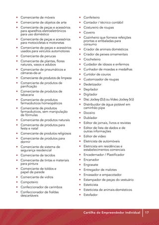 • 	 Comerciante de móveis                     • 	 Confeiteiro
• 	 Comerciante de objetos de arte            • 	 Contador / técnico contábil
• 	 Comerciante de peças e acessórios 	       • 	 Costureiro de roupas
	 para aparelhos eletroeletrônicos 		
                                              • 	 Coveiro
	 para uso doméstico
                                              • 	 Cozinheiro que fornece refeições 	
• 	 Comerciante de peças e acessórios 	
                                              	 prontas e embaladas para 		
	 para motocicletas e motonetas
                                              	consumo
• 	 Comerciante de peças e acessórios 	
                                              • 	 Criador de animais domésticos
	 usados para veículos automotores
                                              • 	 Criador de peixes ornamentais
• 	 Comerciante de perucas
                                              • 	 Crocheteiro
• 	 Comerciante de plantas, flores 		
	 naturais, vasos e adubos                    • 	 Cuidador de idosos e enfermos
• 	 Comerciante de pneumáticos e		            • 	 Cunhador de moedas e medalhas
	câmaras-de-ar                                • 	 Curtidor de couros
• 	 Comerciante de produtos de limpeza        • 	 Customizador de roupas
• 	 Comerciante de produtos de 		             • 	 Dedetizador
	 panificação
                                              • 	 Depilador
• 	 Comerciante de produtos de 		
	tabacaria                                    • 	 Digitador
• 	 Comerciante de produtos 		                • 	 Disc Jockey (DJ) ou Video Jockey (VJ)
	 farmacêuticos homeopáticos                  • 	 Distribuidor de água potável em		
• 	 Comerciante de produtos      	            	 caminhão pipa
	 farmacêuticos, sem manipulação 	            • 	 Doceiro
   	de fórmulas
                                              • 	 Dublador
• 	 Comerciante de produtos naturais
                                              • 	 Editor de jornais, livros e revistas
• 	 Comerciante de produtos para		
	 festa e natal                               • 	 Editor de lista de dados e de 		
                                              	 outras informações
• 	 Comerciante de produtos religiosos
                                              • 	 Editor de vídeo
• 	 Comerciante de produtos para		
	dormir                                       • 	 Eletricista de automóveis
• 	 Comerciante de sistema de 		              • 	 Eletricista em residências e 		
	 segurança residencial                       	 estabelecimentos comerciais
• 	 Comerciante de tecidos                    •	 Encadernador / Plastificador
• 	 Comerciante de tintas e materiais	    	   •	Encanador
	 para pintura                                • 	 Engraxate
• 	 Comerciante de toldos e 		                •	 Entregador de malotes
	 papel de parede
                                              •	 Envasador e empacotador
• 	 Comerciante de vidros
                                              • 	 Estampador de peças do vestuário
•	Compoteiro
                                              • 	 Esteticista
• 	 Confeccionador de carimbos
                                              • 	 Esteticista de animais-domésticos
• 	 Confeccionador de fraldas 		
	descartáveis                                 • 	 Estofador




                                                 Cartilha do Empreendedor Individual      17
 