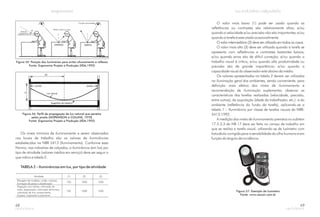 Figura 55: Posição das luminárias para evitar ofuscamento e reflexos
Fonte: Ergonomia Projeto e Produção (IIDA,1992)
Figura 56: Perfil de propagação da luz natural que penetra
pelas janela (HOPKINSON e COLLINS, 1970)
Fonte: Ergonomia Projeto e Produção (IIDA,1992)
Os níveis mínimos de iluminamento a serem observados
nos locais de trabalho são os valores de iluminâncias
estabelecidos na NBR 5413 (Iluminamento). Conforme essa
Norma, nas indústrias de calçados, a iluminância (em lux) por
tipo de atividade (valores médios em serviço) deve ser seguir o
que indica a tabela 2.
TABELA 2 – Iluminâncias em lux, por tipo de atividade
Atividade (1) (2) (3)
Riscagem de modelos, cortes, costuras,
formação de pares e classificação
750 1000 1500
Pregação com tachas, colocação de
solas, pregueação, colocação de formas,
colocação de vira, enrijecimento,
limpeza, tingimento e polimento
750 1000 1500
68
O valor mais baixo (1) pode ser usado quando as
refletâncias ou contrastes são relativamente altos; e/ou
quando a velocidade e/ou precisão não são importantes; e/ou
quando a tarefa é executada ocasionalmente.
O valor intermediário (2) deve ser utilizado em todos os casos.
O valor mais alto (3) deve ser utilizado quando a tarefa se
apresenta com refletâncias e contrastes bastantes baixos;
e/ou quando erros são de difícil correção; e/ou quando o
trabalho visual é crítico; e/ou quando alta produtividade ou
precisão são de grande importância; e/ou quando a
capacidade visual do observador está abaixo da média.
Os valores apresentados na tabela 2 devem ser utilizados
na iluminação geral dos ambientes, sendo conveniente, para
definição mais efetiva dos níveis de iluminamento e
recomendação de iluminação suplementar, observar as
características das tarefas realizadas (velocidade, precisão,
entre outras), da população (idade do trabalhador, etc.) e do
ambiente (refletância do fundo da tarefa), aplicando-se a
tabela 1 – Iluminância por classe de tarefas visuais da NBR-
5413:1992.
A medição dos níveis de iluminamento previstos no subitem
17.5.3.3 da NR-17 deve ser feita no campo de trabalho em
que se realiza a tarefa visual, utilizando-se de luxímetro com
fotocélula corrigida para a sensibilidade do olho humano e em
função do ângulo de incidência.
Figura 57: Exemplo de luxímetro
Fonte: www.cescon.com.br
69
 