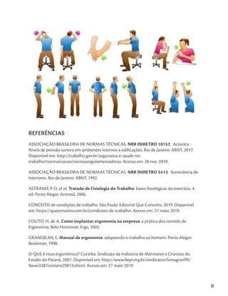 13
13
REFERÊNCIAS
ASSOCIAÇÃO BRASILEIRA DE NORMAS TÉCNICAS. NBR INMETRO 10152: Acústica -
Níveis de pressão sonora em ambientes internos a edificações. Rio de Janeiro: ABNT, 2017.
Disponível em: http://trabalho.gov.br/seguranca-e-saude-no-
trabalho/normatizacao/normasregulamentadoras. Acesso em: 28 nov. 2019.
ASSOCIAÇÃO BRASILEIRA DE NORMAS TÉCNICAS. NBR INMETRO 5413: Iluminância de
Interiores. Rio de Janeiro: ABNT, 1992.
ASTRAND, P. O. et al. Tratado de Fisiologia do Trabalho: bases fisiológicas do exercício. 4.
ed. Porto Alegre: Artmed, 2006.
CONCEITO de condições de trabalho. São Paulo: Editorial Que Conceito, 2019. Disponível
em: https://queconceito.com.br/condicoes-de-trabalho. Acesso em: 27 maio 2019.
COUTO, H. de A. Como implantar ergonomia na empresa: a prática dos comitês de
Ergonomia. Belo Horizonte: Ergo, 2002.
GRANDJEAN, E. Manual de ergonomia: adaptando o trabalho ao homem. Porto Alegre:
Bookman, 1998.
O QUE é risco ergonômico? Curitiba: Sindicato da Indústria de Mármores e Granitos do
Estado do Paraná, 2007. Disponível em: http://www.fiepr.org.br/sindicatos/SimagranPR/
News3387content29813.shtml. Acesso em: 27 maio 2019.
 