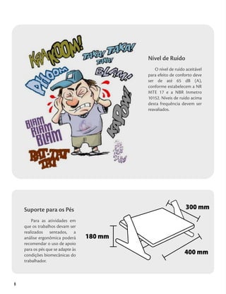 6
Nível de Ruído
O nível de ruído aceitável
para efeito de conforto deve
ser de até 65 dB (A),
conforme estabelecem a NR
MTE 17 e a NBR Inmetro
10152. Níveis de ruído acima
desta frequência devem ser
reavaliados.
Suporte para os Pés
Para as atividades em
que os trabalhos devam ser
realizados sentados, a
análise ergonômica poderá
recomendar o uso de apoio
para os pés que se adapte às
condições biomecânicas do
trabalhador.
180 mm
300 mm
400 mm
 