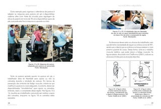Outro exemplo para organizar a alternância de postura é
adaptar as máquinas para postura em pé e disponibilizar
cadeiras altas (com haste de incursão para regulagem da
altura do assento em torno de 78 cm) e disponibilizar apoio de
pés, que pode estar fixo à máquina ou apoiado no chão.
Figuras 19 e 20: Máquinas de costura
adaptadas para postura em pé/sentado
Fonte: Abicalçados
Tanto na postura sentada quanto na postura em pé, o
trabalhador deve ter liberdade para apoiar ou não os
cotovelos durante a atividade de costurar. Em termos de
prevenção dos sintomas de fadiga muscular, orienta-se que
modificar a postura é o mais adequado, no entanto, devem ser
disponibilizadas “almofadinhas” para apoiar os cotovelos,
evitando, assim, a compressão dessa região. Nas figuras 15 e
16, visualiza-se o trabalhador costurando sem realizar o apoio
dos cotovelos, enquanto na figura 18 os cotovelos estão
apoiados.
38
Figuras 21 e 22: O trabalhador deve ter liberdade
de usar ou não um apoio (almofadinha) para cotovelos
na mesa a fim de evitar a compressão da região
Fonte: Abicalçados
As alavancas devem estar ao alcance do trabalhador, sem
que ele tenha necessidade de erguer os ombros acima de 90º,
sendo que o ideal é que os ombros e os braços estejam o mais
próximo possível do corpo. Dessa forma, evita-se o trabalho
muscular estático, que pode induzir a fadiga muscular. As
figuras abaixo, de acordo com Chaffin .(2001), indicam os
alcances e limites para as situações descritas.
et al
Figura 23: A figura indica
o limite máximo de alcance
dos braços, considerando que
o ideal é a flexão próxima a 90º
Fonte: Chaffin et al. (2001)
Figura 24: A figura indica
o limite entre a extensão dos
braços e a elevação frontal,
sendo que o ideal é a
proximidade do cotovelo em 90º
Fonte: Chaffin et al. (2001)
39
 