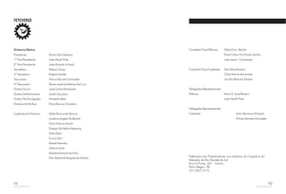 Diretoria Efetiva
Presidente: Alvaro Davi Boessio
1º Vice Presidente: João Nadir Pires
2º Vice Presidente: João Ricardo Schaab
Secretário: Nelson Gross
2º Secretário: Roberto Muller
Tesoureiro: Nilvion Barreto Schroeder
2º Tesoureiro: Álvaro José Guilherme Da Cruz
Diretor Social: José Carlos Markeviski
Diretor De Patrimônio: Jandir Zaccaria
Diretor De Divulgação Norberto Beck
Diretora da Mulher: Elvira Bervian Graebim
Suplentes da Diretoria Valdir Raimundo Ramos
Juvelino Angelo De Bortoli
Silvio Antonio Kirsch
Gaspar De Mello Nehering
Arlito Klein
Eurico Dörr
Mareli Hennika
Delmar Land
Marlene Amaral da Silva
Davi Batista Rodrigues da Silveira
92
FETICVERGS
Conselho Fiscal Efetivos Elário Enio Becker
Paulo César Da Silveira Santos
José Leocir Conceição
Conselho Fiscal Suplentes Aloí Teles Moreira
Clenir Maria dos santos
Jair Eloi Brito da Silveira
Delegados Representantes
Efetivos Almir D´avila Pereira
João Nadir Pires
Delegados Representantes
Suplentes João Henrique Vitorazzi
Nilvion Barreto Schroeder
Federação dos Trabalhadores nas Indústrias do Calçado e do
Vestuário do Rio Grande do Sul
Rua Dr.Flores, 307 - Centro
Porto Alegre / RS
(51) 3227.5175
93
 