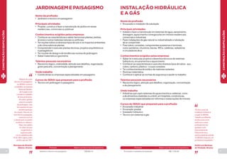 30 31 
Nome da profissão 
• Jardineiro e técnico em paisagismo 
Principais atividades 
• Projetar, construir e fazer a manutenção de jardins em áreas 
residenciais, comerciais ou públicas 
Conhecimentos exigidos pelas empresas 
• Conhecer as características e saber harmonizar plantas, pedras, 
árvores e outros materiais naturais ou artificiais 
• Ter noções sobre os diversos tipos de solo e os impactos ambientais 
e do clima sobre as plantas 
• Compreender e executar plantas técnicas, projetos arquitetônicos 
e paisagísticos 
• Ter noções de design e de tendências na área de jardinagem 
• Saber matemática e geometria 
Talentos pessoais necessários 
• Raciocínio lógico, criatividade, atenção aos detalhes, organização, 
gosto pela arte, concentração e planejamento 
Onde trabalha 
• Construtoras ou empresas especializadas em paisagismo 
Cursos do SENAI que preparam para a profissão 
• Técnico em jardinagem e paisagismo 
INSTALAÇÃO HIDRÁULICA 
E A GÁS 
JARDINAGEM E PAISAGISMO 
“Eu fiz o curso de 
instalação hidráulica 
e a gás no SENAI. 
Trabalho em Brasília 
há dois anos como 
autônomo e essa 
profissão tem me 
ajudado muito 
financeiramente. 
Felizmente tive a 
oportunidade de estudar 
no SENAI e hoje sou um 
profissional respeitado.” 
André Luiz Barbosa 
da Trindade, 38 anos 
Nome da profissão 
• Encanador e instalador de tubulação 
Principais atividades 
• Instalar e fazer a manutenção em sistemas de água, saneamento, 
drenagem, aquecimento e energia solar em imóveis residenciais, 
comerciais e industriais 
• Fazer instalações de gás natural ou industrializado e tubulação 
de ar comprimido 
• Fixar tubos, conexões, componentes acessórios e terminais, 
como sanitários, chuveiros, bacias, WCs, caldeiras, radiadores 
e circuladores de ar 
Conhecimentos exigidos pelas empresas 
• Saber ler e executar projetos e desenhos técnicos de sistemas 
hidráulicos, encanamentos e aquecimento 
• Conhecer as características e usos dos diversos tipos de tubos - aço, 
cobre, carbono, plástico - e suas conexões 
• Ter conhecimentos de solda e de materiais isolantes 
• Dominar matemática 
• Conhecer e aplicar as normas de segurança e saúde no trabalho 
Talentos pessoais necessários 
• Raciocínio lógico, atenção aos detalhes, organização, concentração 
e de planejamento 
Onde trabalha 
• Indústrias que usam sistemas de aquecimentos e caldeiras, como 
a de alimentos e bebidas ou a têxtil, em hospitais, construtoras, 
ou empresas especializadas em reformas e restaurações de imóveis 
Cursos do SENAI que preparam para a profissão 
• Encanador industrial 
• Encanador predial 
• Instalador hidráulico 
• Técnico em sistemas a gás 
CONSTRUÇÃO E EDIFICAÇÕES 
CONSTRUÇÃO E EDIFICAÇÕES 
“Depois do curso 
técnico em paisagismo 
no SENAI, comecei 
a trabalhar na empresa 
Personal Garden, 
de Cuiabá, onde 
coordeno o trabalho 
de dois jardineiros. 
Às vezes, apenas 
executo o projeto 
de jardinagem, mas 
há ocasiões em que 
também participo 
da criação. Para ser um 
bom técnico paisagista, 
é preciso ouvir se 
o cliente quer um jardim 
moderno ou clássico. 
Hoje, meu salário 
é o dobro do que 
eu ganhava no 
supermercado. 
Lá, eu trabalhava das 
7h às 19h e, agora, entro 
às 8h e saio às 15h.” 
Henrique de Almeida 
Ribeiro, 23 anos 
Jardineiro e técnico em paisagismo R$ 986,19 
Profissão Salário com até um ano de experiência 
Encanador e instalador de tubulação R$ 1.725,58 
Profissão Salário com até um ano de experiência 
 