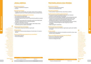 34 35 
MODA E CRIATIVIDADE 
JOALHERIA 
“Eu sou ourives 
e trabalho desde 2011 
na empresa Zaya Joias, 
em Caxias do Sul, 
na serra gaúcha. Escolhi 
o curso de aprendizagem 
em joalheria básica 
no SENAI influenciado 
por amigos e vi que tinha 
talento para a área. 
O que faz um bom 
profissional é a 
capacidade de tomar 
decisões rapidamente 
e ter uma visão ampla 
de como trabalhar as 
peças. É preciso também 
se dedicar muito para 
chegar à perfeição. 
Cada peça que fazemos 
é única. Atualmente, 
desenvolvo 30 
peças por mês 
e minha especialidade 
é ourivesaria sem 
cravação de pedras. 
Eu pretendo fazer 
especializações 
nesta área.” 
Augusto Scapini, 
22 anos 
Nome das profissões 
• Joalheiro e lapidadores de gemas 
• Ourives 
Principais atividades 
• Projetar, fazer e lapidar joias, como anéis, colares, brincos, alianças, 
pingentes e outros, com metais e pedras preciosos e semipreciosos 
Conhecimentos exigidos pelas empresas 
• Ter conhecimentos de design 
• Acompanhar as tendências da moda 
• Interpretar desenhos técnicos de componentes de joalheria ou peças 
completas 
• Conhecer os processos de microssolda e as técnicas de fabricação 
de ligas de metais preciosos e suas propriedades 
• Conhecer matemática e química 
• Lidar com os riscos do uso de gás, oxigênio, eletricidade, ácidos 
e produtos químicos usados na atividade 
Talentos pessoais necessários 
• Criatividade, atenção aos detalhes, organização 
Onde trabalha 
• Joalherias e empresas especializadas na manutenção e no restauro 
de joias 
Cursos do SENAI que preparam para a profissão 
• Gemologia e joalheria 
• Técnico em joalheria 
Joalheiro e lapidador de gemas R$ 999,47 
Ourives R$ 1.060,46 
Profissão Salário com até um ano de experiência 
TECNOLOGIA DA MODA 
“Sou auxiliar 
de produção no Atelier 
P Vasconcelos, 
em Divinópolis, Minas 
Gerais, desde 2013, 
e adoro o meu trabalho. 
Faço a modelagem, 
costuro e bordo vestidos 
de noiva e festa. O mais 
interessante dessa área 
é que sempre estou 
desenvolvendo coisas 
novas e fico por dentro 
das novidades do mundo 
da moda, já que trabalho 
com peças únicas, 
personalizadas. 
O profissional que 
entende bem de 
modelagem e criação 
é valorizado no mercado. 
Meu sonho é ser estilista, 
criar minha própria 
coleção e ter o meu 
próprio negócio.” 
Melyssa Costa, 
23 anos 
Nome das profissões 
• Técnico em confecções do vestuário 
• Técnico em produção de moda 
Principais atividades 
• Criar e produzir roupas femininas, masculinas ou infantis 
Conhecimentos exigidos pelas empresas 
• Acompanhar de perto as tendências da moda e as mudanças 
culturais e comportamentais da sociedade 
• Dominar as técnicas de design, modelagem, corte e produção de roupas 
• Conhecer as características dos diversos tipos de tecidos, linhas, 
botões e outros aviamentos, as ferramentas, máquinas e outros 
equipamentos usados na indústria têxtil e de confecções 
• Ter conhecimentos sobre ética e sustentabilidade relativas à compra, 
produção e venda de artigos de moda e segurança e saúde 
no trabalho 
• Saber português e matemática 
Talentos pessoais necessários 
• Criatividade, atenção aos detalhes, organização e gosto pelo trabalho 
em equipe 
Onde trabalha 
• Indústrias têxteis, do vestuário, de calçados e acessórios, lojas, casas 
de alta costura e alfaiatarias 
Cursos do SENAI que preparam para a profissão 
• Técnico em confecção do vestuário 
• Técnico em produção de moda 
• Técnico em design de moda 
Técnico em confecções do vestuário 
ou técnico em produção de moda R$ 1.931,25 
Profissão Salário com até um ano de experiência 
MODA E CRIATIVIDADE 
 