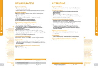 36 37 
DESIGN GRÁFICO 
“Logo depois que 
terminei o curso técnico 
em design gráfico, 
comecei a trabalhar 
em uma das maiores 
agências do Brasil, 
a Oz Design. Fiquei 
cinco anos por lá e atendi 
clientes como Hospital 
Sírio Libanês, o Fisk, 
a Penalti. Eu me 
especializei em 
design corporativo. 
Os designers dessa 
área desenvolvem 
identidade visual para 
as instituições. Trabalho 
na Ernst Young, uma das 
quatro maiores empresas 
do mundo no ramo 
de auditoria, impostos 
e contabilidade. 
Hoje, coordeno uma 
equipe que conta com 
mais dois designers 
e um responsável 
pela organização das 
demandas da área. 
Atendemos a todo 
o Brasil.” 
Mariana Geraldo, 
28 anos 
Nome das profissões 
• Técnico em artes gráficas 
• Técnico em comunicação visual 
• Desenhista projetista e modelista de produtos e serviços diversos 
Principais atividades 
• Planejar e desenhar o visual de jornais, revistas, livros, panfletos, 
anúncios e outdoors 
• Escolher as letras para os textos 
• Definir o tamanho das colunas de uma página impressa 
• Fazer gráficos 
• Selecionar e padronizar cores e ilustrações 
• Criar embalagens e logotipos para empresas 
Conhecimentos exigidos pelas empresas 
• Conhecer as técnicas de produção de layout e os sistemas 
de impressão off-set e flexográfico 
• Usar e ajustar as imagens sem alterar a qualidade original 
• Compreender os padrões de qualidade e as normas técnicas 
da indústria gráfica 
• Saber matemática e português 
• Dominar informática e os programas de computador usados 
na diagramação e na produção de artes, como Photoshop, InDesign, 
Illustrator, CorelDraw X6 
• Conhecer e dominar as tendências gráficas 
Talentos pessoais necessários 
• Criatividade, atenção aos detalhes, organização, gosto pela arte 
Onde trabalha 
• Agências de publicidade, jornais, revistas, editoras de livros, sites, 
departamentos de comunicação de empresas, gráficas e escritórios 
de comunicação 
Cursos do SENAI que preparam para a profissão 
• Design gráfico 
• Técnico em artes gráficas 
Técnico em artes gráficas R$ 2.487,50 
Desenhista projetista e modelista 
de produtos e serviços diversos R$ 1.931,13 
Técnico em Comunicação Visual R$ 1.853,14 
Profissão Salário com até um ano de experiência 
MODA E CRIATIVIDADE 
VITRINISMO 
“Entrei no curso técnico 
de produção de moda no 
SENAI de Blumenau em 
2012. No meio do curso, 
fui trabalhar como visual 
merchandising da loja 
de esportes Centauro, 
uma área em que não 
há muitos profissionais 
especializados. Hoje, 
sou visual merchandising 
exclusivo da loja de 
Blumenau, mas às 
vezes ajudo em outros 
pontos do sul do país. 
Eu sou uma espécie de 
vendedor oculto, 
o primeiro a chegar ao 
cliente. Depois do curso, 
meu salário subiu 50%.” 
Douglas Antônio 
Bairros, 21 anos 
Nomes da profissão 
• Designers de interiores, de vitrines e visual merchandiser e afins 
Principais atividades 
• Criar vitrines e displays nos interiores de shoppings e lojas 
de departamento 
• Vestir manequins 
• Planejar a aparência e a iluminação das lojas e a exposição 
das mercadorias levando em consideração fatores como estações 
do ano, moda, tendências ou promoções 
Conhecimentos exigidos pelas empresas 
• Interpretar briefings de campanhas de marketing 
• Interpretar temas para criar projetos, planejar e aplicar elementos 
apropriados da teoria de visual merchandising para 
o desenvolvimento de instalações de exposição de mercadorias 
• Conhecer as tendências em design de displays, materiais 
e equipamentos para utilização na concepção dos projetos. 
• Ter noções de cores, estética, iluminação, adereços, equilíbrio 
e técnicas de vendas 
Talentos pessoais necessários 
• Criatividade, senso estético apurado, habilidades manuais 
e organização 
Onde trabalha 
• Lojas de departamentos, supermercados e shopping centers 
Cursos do SENAI que preparam para a profissão 
• Vitrinismo 
Designers de interiores, de vitrines 
e visual merchandiser e afins R$ 1.700,54 
Profissão Salário com até um ano de experiência 
MODA E CRIATIVIDADE 
 