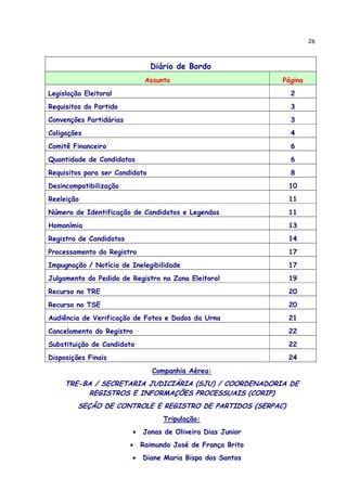 26



                                Diário de Bordo
                              Assunto                        Página
Legislação Eleitoral                                           2
Requisitos do Partido                                          3
Convenções Partidárias                                         3
Coligações                                                     4
Comitê Financeiro                                              6
Quantidade de Candidatos                                       6
Requisitos para ser Candidato                                  8
Desincompatibilização                                         10
Reeleição                                                     11
Número de Identificação de Candidatos e Legendas              11
Homonímia                                                     13
Registro de Candidatos                                        14
Processamento do Registro                                     17
Impugnação / Notícia de Inelegibilidade                       17
Julgamento do Pedido de Registro na Zona Eleitoral            19
Recurso no TRE                                                20
Recurso no TSE                                                20
Audiência de Verificação de Fotos e Dados da Urna             21
Cancelamento do Registro                                      22
Substituição de Candidato                                     22
Disposições Finais                                            24
                                Companhia Aérea:
     TRE-BA / SECRETARIA JUDICIÁRIA (SJU) / COORDENADORIA DE
          REGISTROS E INFORMAÇÕES PROCESSUAIS (CORIP)
         SEÇÃO DE CONTROLE E REGISTRO DE PARTIDOS (SERPAC)
                                   Tripulação:
                         •   Jonas de Oliveira Dias Junior
                         •   Raimundo José de França Brito
                         •   Diane Maria Bispo dos Santos
 