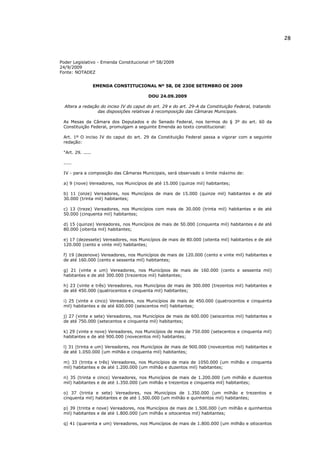 28



Poder Legislativo - Emenda Constitucional nº 58/2009
24/9/2009
Fonte: NOTADEZ


                   EMENDA CONSTITUCIONAL Nº 58, DE 23DE SETEMBRO DE 2009

                                         DOU 24.09.2009

  Altera a redação do inciso IV do caput do art. 29 e do art. 29-A da Constituição Federal, tratando
                 das disposições relativas à recomposição das Câmaras Municipais.

 As Mesas da Câmara dos Deputados e do Senado Federal, nos termos do § 3º do art. 60 da
 Constituição Federal, promulgam a seguinte Emenda ao texto constitucional:

 Art. 1º O inciso IV do caput do art. 29 da Constituição Federal passa a vigorar com a seguinte
 redação:

 "Art. 29. .....

 .....

 IV - para a composição das Câmaras Municipais, será observado o limite máximo de:

 a) 9 (nove) Vereadores, nos Municípios de até 15.000 (quinze mil) habitantes;

 b) 11 (onze) Vereadores, nos Municípios de mais de 15.000 (quinze mil) habitantes e de até
 30.000 (trinta mil) habitantes;

 c) 13 (treze) Vereadores, nos Municípios com mais de 30.000 (trinta mil) habitantes e de até
 50.000 (cinquenta mil) habitantes;

 d) 15 (quinze) Vereadores, nos Municípios de mais de 50.000 (cinquenta mil) habitantes e de até
 80.000 (oitenta mil) habitantes;

 e) 17 (dezessete) Vereadores, nos Municípios de mais de 80.000 (oitenta mil) habitantes e de até
 120.000 (cento e vinte mil) habitantes;

 f) 19 (dezenove) Vereadores, nos Municípios de mais de 120.000 (cento e vinte mil) habitantes e
 de até 160.000 (cento e sessenta mil) habitantes;

 g) 21 (vinte e um) Vereadores, nos Municípios de mais de 160.000 (cento e sessenta mil)
 habitantes e de até 300.000 (trezentos mil) habitantes;

 h) 23 (vinte e três) Vereadores, nos Municípios de mais de 300.000 (trezentos mil) habitantes e
 de até 450.000 (quatrocentos e cinquenta mil) habitantes;

 i) 25 (vinte e cinco) Vereadores, nos Municípios de mais de 450.000 (quatrocentos e cinquenta
 mil) habitantes e de até 600.000 (seiscentos mil) habitantes;

 j) 27 (vinte e sete) Vereadores, nos Municípios de mais de 600.000 (seiscentos mil) habitantes e
 de até 750.000 (setecentos e cinquenta mil) habitantes;

 k) 29 (vinte e nove) Vereadores, nos Municípios de mais de 750.000 (setecentos e cinquenta mil)
 habitantes e de até 900.000 (novecentos mil) habitantes;

 l) 31 (trinta e um) Vereadores, nos Municípios de mais de 900.000 (novecentos mil) habitantes e
 de até 1.050.000 (um milhão e cinquenta mil) habitantes;

 m) 33 (trinta e três) Vereadores, nos Municípios de mais de 1050.000 (um milhão e cinquenta
 mil) habitantes e de até 1.200.000 (um milhão e duzentos mil) habitantes;

 n) 35 (trinta e cinco) Vereadores, nos Municípios de mais de 1.200.000 (um milhão e duzentos
 mil) habitantes e de até 1.350.000 (um milhão e trezentos e cinquenta mil) habitantes;

 o) 37 (trinta e sete) Vereadores, nos Municípios de 1.350.000 (um milhão e trezentos e
 cinquenta mil) habitantes e de até 1.500.000 (um milhão e quinhentos mil) habitantes;

 p) 39 (trinta e nove) Vereadores, nos Municípios de mais de 1.500.000 (um milhão e quinhentos
 mil) habitantes e de até 1.800.000 (um milhão e oitocentos mil) habitantes;

 q) 41 (quarenta e um) Vereadores, nos Municípios de mais de 1.800.000 (um milhão e oitocentos
 