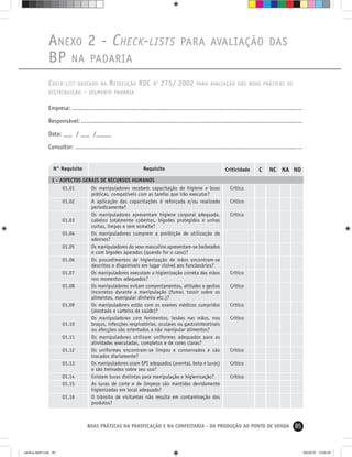 85BOAS PRÁTICAS NA PANIFICAÇÃO E NA CONFEITARIA - DA PRODUÇÃO AO PONTO DE VENDA
ANEXO 2 - CHECK-LISTS PARA AVALIAÇÃO DAS
BP NA PADARIA
CHECK-LIST BASEADO NA RESOLUÇÃO RDC NO
275/ 2002 PARA AVALIAÇÃO DAS BOAS PRÁTICAS DE
DISTRIBUIÇÃO - SEGMENTO PADARIA
Empresa: ................................................................................................................................
Responsável:...........................................................................................................................
Data: ___ / ___ /_____
Consultor: ..............................................................................................................................
N° Requisito Requisito Criticidade C NC NA NO
Os manipuladores recebem capacitação de higiene e boas
práticas, compatíveis com as tarefas que irão executar?
A aplicação das capacitações é reforçada e/ou realizada
periodicamente?
Os manipuladores apresentam higiene corporal adequada,
cabelos totalmente cobertos, bigodes protegidos e unhas
curtas, limpas e sem esmalte?
Os manipuladores cumprem a proibição de utilização de
adornos?
Os manipuladores do sexo masculino apresentam-se barbeados
e com bigodes aparados (quando for o caso)?
Os procedimentos de higienização de mãos encontram-se
descritos e disponíveis em lugar visível aos funcionários?
Os manipuladores executam a higienização correta das mãos
nos momentos adequados?
Os manipuladores evitam comportamentos, atitudes e gestos
incorretos durante a manipulação (fumar, tossir sobre os
alimentos, manipular dinheiro etc.)?
Os manipuladores estão com os exames médicos cumpridos
(atestado e carteira de saúde)?
Os manipuladores com ferimentos, lesões nas mãos, nos
braços, infecções respiratórias, oculares ou gastrointestinais
ou afecções são orientados a não manipular alimentos?
Os manipuladores utilizam uniformes adequados para as
atividades executadas, completos e de cores claras?
Os uniformes encontram-se limpos e conservados e são
trocados diariamente?
Os manipuladores usam EPI adequados (avental, bota e luvas)
e são treinados sobre seu uso?
Existem luvas distintas para manipulação e higienização?
As luvas de corte e de limpeza são mantidas devidamente
higienizadas em local adequado?
O trânsito de visitantes não resulta em contaminação dos
produtos?
Crítico
Crítico
Crítico
Crítico
Crítico
Crítico
Crítico
Crítico
Crítico
Crítico
01.01
01.02
01.03
01.04
01.05
01.06
01.07
01.08
01.09
01.10
01.11
01.12
01.13
01.14
01.15
01.16
1 - ASPECTOS GERAIS DE RECURSOS HUMANOS
cartilha-ABIP.indd 85cartilha-ABIP.indd 85 9/6/2010 13:00:289/6/2010 13:00:28
 