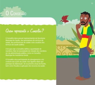 O CONSELHO 
Quem representa o Conselho? 
O Conselho deve possuir representantes da Secretaria 
Municipal de Saúde, dos prestadores de serviços de 
saúde, dos profissionais de saúde e dos usuários dos 
serviços de saúde pública. 
A lei que criar o Conselho define a quantidade de 
membros. Não há necessidade de metade dos membros 
ser da administração pública, como no Conselho 
Municipal de Assistência Social. 
O Conselho atua participando do planejamento e do 
controle das ações de saúde. Isso significa dizer que 
participa da elaboração do orçamento anual do Fundo, 
bem como fiscaliza a aplicação dos recursos da saúde. 
11 
 
