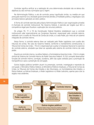 Controlar significa verificar se a realização de uma determinada atividade não se desvia dos
                                                   objetivos ou das normas e princípios que a regem.

                                                      Na Administração Pública, o ato de controlar possui significado similar, na medida em que
                                                   pressupõe examinar se a atividade governamental atendeu à finalidade pública, à legislação e aos
                                                   princípios básicos aplicáveis ao setor público.

                                                      A forma de controle exercida pela própria Administração Pública e por organizações privadas
                                                   é chamada de controle institucional. No Governo Federal, é exercida por órgãos que têm a
                                                   competência legal para fiscalizar a aplicação dos recursos públicos.

                                                       Os artigos 70, 71 e 74 da Constituição Federal Brasileira estabelecem que o controle
                                                   institucional cabe essencialmente ao Congresso Nacional, responsável pelo controle externo,
                                                   realizado com o auxílio do Tribunal de Contas da União, e a cada Poder, por meio de um sistema
2 • O Controle Institucional e o Controle Social




                                                   integrado de controle interno.

                                                       Dessa forma, o controle externo deve ser realizado pelo Poder Legislativo com auxílio dos
                                                   tribunais de contas. No caso do Governo Federal, conforme o mandamento constitucional, o
                                                   Tribunal de Contas da União – TCU é o responsável por auxiliar o Congresso Nacional no exercício
                                                   do controle externo, atividade que deve ser apoiada pelo sistema de controle interno de cada
                                                   poder.

                                                      Quanto ao controle interno, na esfera federal, a Controladoria-Geral da União – CGU é o órgão
                                                   central do Sistema de Controle Interno do Poder Executivo Federal. À CGU compete desenvolver
                                                   funções de controle interno, correição, ouvidoria, além das ações voltadas para a promoção da
                                                   transparência e para a prevenção da corrupção.

                                                      Outros órgãos públicos também atuam na prevenção, controle, investigação e repressão da
                                                   corrupção: o Ministério Público Federal, os Ministérios Públicos Estaduais, o Tribunal de Contas da
                                                   União, os Tribunais de Contas dos Estados e dos Municípios, as Controladorias dos Estados, a
                                                   Polícia Federal, as Polícias Estaduais, o Poder Legislativo e o Poder Judiciário, apenas para citar os
                                                   órgãos mais evidentes.



         16
 