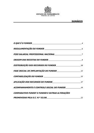 SUMÁRIO




O QUE É O FUNDEB ____________________________________________________ 4

REGULAMENTAÇÃO DO FUNDEB _______________________________________ 6

PISO SALARIAL PROFISSIONAL NACIONAL ____________________________ 7

ORIGEM DAS RECEITAS DO FUNDEB ___________________________________ 8

DISTRIBUIÇÃO DOS RECURSOS DO FUNDEB __________________________ 10

FASE INICIAL DE IMPLANTAÇÃO DO FUNDEB _________________________ 13

CONTABILIZAÇÃO DO FUNDEB _______________________________________ 15

APLICAÇÃO DOS RECURSOS DO FUNDEB______________________________ 17

ACOMPANHAMENTO E CONTROLE SOCIAL DO FUNDEB ________________ 19

COMPARATIVO FUNDEF X FUNDEB E OUTRAS ALTERAÇÕES

PROMOVIDAS PELA E.C. N.º 53/06____________________________________ 22
 