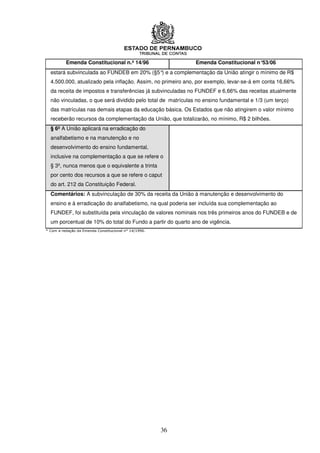 Emenda Constitucional n.º 14/96                     Emenda Constitucional n°53/06
  estará subvinculada ao FUNDEB em 20% (§5° e a complementação da União atingir o mínimo de R$
                                           )
  4.500.000, atualizado pela inflação. Assim, no primeiro ano, por exemplo, levar-se-á em conta 16,66%
  da receita de impostos e transferências já subvinculadas no FUNDEF e 6,66% das receitas atualmente
  não vinculadas, o que será dividido pelo total de matrículas no ensino fundamental e 1/3 (um terço)
  das matrículas nas demais etapas da educação básica. Os Estados que não atingirem o valor mínimo
  receberão recursos da complementação da União, que totalizarão, no mínimo, R$ 2 bilhões.
  § 6º A União aplicará na erradicação do
  analfabetismo e na manutenção e no
  desenvolvimento do ensino fundamental,
  inclusive na complementação a que se refere o
  § 3º, nunca menos que o equivalente a trinta
  por cento dos recursos a que se refere o caput
  do art. 212 da Constituição Federal.
  Comentários: A subvinculação de 30% da receita da União à manutenção e desenvolvimento do
  ensino e à erradicação do analfabetismo, na qual poderia ser incluída sua complementação ao
  FUNDEF, foi substituída pela vinculação de valores nominais nos três primeiros anos do FUNDEB e de
  um porcentual de 10% do total do Fundo a partir do quarto ano de vigência.
* Com a redação da Emenda Constitucional n° 14/1996.




                                                       36
 
