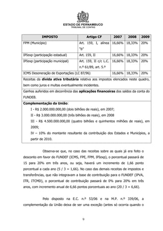 IMPOSTO                        Artigo CF        2007    2008       2009
FPM (Município)                       Art. 159, I, alínea 16,66% 18,33%         20%
                                      “b”
IPIexp (participação estadual)        Art. 159, II          16,66% 18,33%       20%
IPIexp (participação municipal)       Art. 159, II c/c L.C. 16,66% 18,33%       20%
                                      n.º 61/89, art. 5.º
ICMS Desoneração de Exportações (LC 87/96)                  16,66% 18,33% 20%
Receitas da dívida ativa tributária relativa aos impostos elencados neste quadro,
bem como juros e multas eventualmente incidentes.
Ganhos auferidos em decorrência das aplicações financeiras dos saldos da conta do
FUNDEB.
Complementação da União:
     I - R$ 2.000.000.000,00 (dois bilhões de reais), em 2007;
     II - R$ 3.000.000.000,00 (três bilhões de reais), em 2008
     III - R$ 4.500.000.000,00 (quatro bilhões e quinhentos milhões de reais), em
     2009;
     IV – 10% do montante resultante da contribuição dos Estados e Municípios, a
     partir de 2010.


             Observa-se que, no caso das receitas sobre as quais já era feito o
desconto em favor do FUNDEF (ICMS, FPE, FPM, IPIexp), o porcentual passará de
15 para 20% em três anos, ou seja, haverá um incremento de 1,66 ponto
porcentual a cada ano (5 / 3 = 1,66). No caso das demais receitas de impostos e
transferências, que não integravam a base de contribuição para o FUNDEF (IPVA,
ITR, ITCMD), o porcentual de contribuição passará de 0% para 20% em três
anos, com incremento anual de 6,66 pontos porcentuais ao ano (20 / 3 = 6,66).


             Pelo disposto na E.C. n.º 53/06 e na M.P. n.º 339/06, a
complementação da União deixa de ser uma exceção (antes só ocorria quando o



                                        9
 
