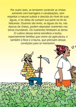 Por outro lado, se tentarem controlar as cheias
          somente com barragens e canalizações, sem
     respeitar a natural subida e descida do nível de suas
        águas, o rio deixa de cumprir sua parte na lei da
       Natureza. Quando são livres, as águas do rio, nas
       épocas de cheias, podem depositar nutrientes nas
      terras inundáveis. Os nutrientes fertilizam as terras.
            O cultivo dessas terras beneficia a todos,
       especialmente famílias que vivem da agricultura, e
         também à flora e à fauna, que precisam dessas
                 condições para se manterem.




24
 