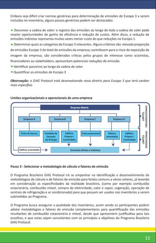 Embora seja difícil criar normas genéricas para determinação de emissões de Escopo 3 a serem
incluídas no inventário, alguns passos genéricos podem ser destacados:

  Descrever a cadeia de valor: o registro das emissões ao longo de toda a cadeia de valor pode
revelar oportunidades de ganho de eﬁciência e redução de custos. Além disso, a redução de
emissões indiretas representa muitas vezes menor custo do que reduções no Escopo 1.
  Determinar quais as categorias de Escopo 3 relevantes. Alguns critérios são: elevada proporção
de emissões Escopo 3 do total de emissões da empresa; contribuem para o risco de exposição de
imagem da empresa; são consideradas críticas pelos grupos de interesse como acionistas,
ﬁnanciadores ou stakeholders; apresentam potenciais reduções de emissão.
  Identiﬁcar parceiros ao longo da cadeia de valor
  Quantiﬁcar as emissões de Escopo 3

Observação: o GHG Protocol está desenvolvendo nova diretriz para Escopo 3 que terá caráter
mais especíﬁco


Limites organizacionais e operacionais de uma empresa




                                                                                                      ORGANIZACIONAIS
                                              Empresa Matriz




                                                                                                          LIMITES
         Empresa A                Empresa B                Empresa C              Empresa D




                                                                                                      OPERACIONAIS
       Frota de barcos     Unidade de     Edifício      Frota automóvel       Fábrica      Edifício
                            Geração      Próprio /                           arrendada    Próprio /

                                                                                                         LIMITES
                           de Energia   Controlado                                       Controlado


      Edifício arrendado                      Emissões diretas e indiretas




Passo 3 - Selecionar a metodologia de cálculo e fatores de emissão

O Programa Brasileiro GHG Protocol irá se empenhar na identiﬁcação e desenvolvimento de
metodologias de cálculo e de fatores de emissão para fontes comuns a vários setores, já levando
em consideração as especiﬁcidades da realidade brasileira, (como por exemplo combustão
estacionária, combustão móvel, compra de eletricidade, calor e vapor, cogeração, operação de
centrais de refrigeração e ar condicionado) para que possam ser usados nos inventários a serem
submetidos ao Programa .

O Programa busca assegurar a qualidade dos inventários, assim sendo os participantes podem
adotar metodologias e fatores de emissão complementares para quantiﬁcação das emissões
resultantes de combustão estacionária e móvel, desde que apresentem justiﬁcativa para tais
escolhas, e que estas sejam consistentes com os princípios e objetivos do Programa Brasileiro
GHG Protocol.



                                                                                                              13
 