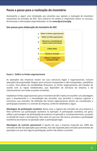 Passo a passo para a realização do inventário
Acompanhe a seguir uma introdução aos conceitos que apóiam a realização do inventário
corporativo de emissões de GEE. Para colocá-lo em prática é importante utilizar os recursos,
ferramentas e informações disponibilizados no site www.fgv.br/ces/ghg

Seis passos para elaboração do inventário de GEE

                                  1 De nir os limites organizacionais
                                  2    De nir or limites operacionais

                                       Selecionar a metodologia de
                                  3    cálculo e fatores de emissão


                                  4            Coletar dados


                                  5        Calcular as emissões

                                          Elaborar o relatório de
                                  6          emissões de GEE




Passo 1 - Deﬁnir os limites organizacionais

As operações das empresas variam nas suas estruturas legais e organizacionais; incluem
operações de propriedade integral, joint ventures incorporadas e não incorporadas, subsidiárias
e outras. Para efeitos de contabilidade ﬁnanceira, os limites organizacionais são tratados de
acordo com as regras estabelecidas, que dependem da estrutura da empresa e do
relacionamento com todas as partes envolvidas.

Estabelecer limites organizacionais para o inventário de GEE implica em escolher uma abordagem
para o levantamento e a consolidação das emissões, que permitirá à empresa registrar e
comunicar suas emissões. Na deﬁnição dos limites organizacionais devem ser considerados a
participação societária e o controle da empresa, conforme detalhado a seguir.

Abordagem da participação societária: Nesse caso, o registro das emissões de uma empresa é
feito conforme sua participação societária na operação. A participação societária, em geral,
reﬂete a percentagem de participação da empresa na operação e, consequentemente, sua parte
na divisão de riscos e recompensas. Nos casos em que isso não ocorre, prevalece a participação
econômica da empresa na operação sobre a participação legal.

Abordagem de controle operacional: É aquela em que a empresa responde por 100% das
emissões de GEE das operações que controla, mas não responde pelas emissões provenientes de
operações em que tem alguma participação, porém não detém o controle.




                                                                                            9
 