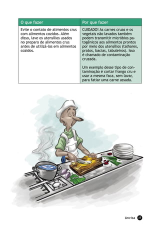 O que fazer                         Por que fazer
Evite o contato de alimentos crus   CUIDADO! As carnes cruas e os
com alimentos cozidos. Além         vegetais não lavados também
disso, lave os utensílios usados    podem transmitir micróbios pa-
no preparo de alimentos crus        togênicos aos alimentos prontos
antes de utilizá-los em alimentos   por meio dos utensílios (talhares,
cozidos.                            pratos, bacias, tabuleiros). Isso
                                    é chamado de contaminação
                                    cruzada.

                                    Um exemplo desse tipo de con-
                                    taminação é cortar frango cru e
                                    usar a mesma faca, sem lavar,
                                    para fatiar uma carne assada.




                                                             Anvisa   37
 