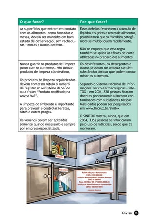 Anvisa 15
O que fazer? Por que fazer?
As superfícies que entram em contato
com os alimentos, como bancadas e
mesas, devem ser mantidas em bom
estado de conservação, sem rachadu-
ras, trincas e outros defeitos.
Esses defeitos favorecem o acúmulo de
líquidos e sujeiras e restos de alimentos,
possibilitando que os micróbios patogê-
nicos se multipliquem rapidamente.
Não se esqueça que essa regra
também se aplica às tábuas de corte
utilizadas no preparo dos alimentos.
Nunca guarde os produtos de limpeza
junto com os alimentos. Não utilize
produtos de limpeza clandestinos.
Os produtos de limpeza regularizados
devem conter no rótulo o número
de registro no Ministério da Saúde
ou a frase: “Produto notificado na
Anvisa/MS”.
A limpeza do ambiente é importante
para prevenir e controlar baratas,
ratos e outras pragas.
Os venenos devem ser aplicados
somente quando necessário e sempre
por empresa especializada.
Os desinfetantes, os detergentes e
outros produtos de limpeza contêm
substâncias tóxicas que podem conta-
minar os alimentos.
Segundo o Sistema Nacional de Infor-
mações Tóxico-Farmacológicas – SINI-
TOX – em 2004, 820 pessoas ficaram
doentes por consumir alimentos con-
taminados com substâncias tóxicas.
Mais dados podem ser pesquisados
em www.fiocruz.br/sinitox.
O SINITOX mostra, ainda, que em
2004, 3352 pessoas se intoxicaram
pelo uso de raticidas, sendo que 35
morreram.
 