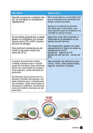Micróbios                              Saiba mais...
Quando encontram condições ide-        Para causar doença, os micróbios têm
ais, os micróbios se multiplicam       que se multiplicar nos alimentos até
rapidamente.                           atingir números elevados.

                                       Quando as condições do alimento
                                       são ideais para os micróbios, uma
                                       única bactéria pode se multiplicar em
                                       130.000 em apenas 6 horas.

Os micróbios prejudiciais à saúde      Agora ﬁca mais fácil entender a
podem se multiplicar em tempe-         importância da geladeira ou do
raturas entre 5ºC a 60ºC (chama-       balcão de self-service.
da zona de perigo).
                                       Tão importante quanto ter esses
Eles preferem temperaturas de          equipamentos é saber se estão na
verão ou do nosso corpo (em            temperatura certa!
torno de 37ºC).                        Geladeira – abaixo de 5ºC
                                       Balcão de self-service – acima de
                                       60ºC
A maioria dos alimentos contém         São exemplos de alimentos pere-
umidade suﬁciente para a multipli-     cíveis: carne, leite pasteurizado,
cação dos micróbios. Esses alimentos   iogurte, presunto e queijo.
devem ser conservados em tempera-
turas especiais, sendo chamados de
perecíveis.

Os alimentos secos (como arroz cru,
biscoito e farinha) não possuem umi-
dade suﬁciente para a multiplicação
dos micróbios, sendo conservados na
temperatura ambiente. Os alimentos
secos são também chamados de não
perecíveis.




                                                                  Anvisa    13
 