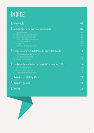 Índice
1. Introdução
2. A importância da prestação de contas 	
	

2.1 O papel das EFPCs	
2.2 O contexto de sustentabilidade	
2.3 Relatório de sustentabilidade	
2.3.1 Por que é importante relatar	
2.3.2 Como começar	
2.4 O que é GRI	
2.4.1 Níveis de aplicação do GRI	

3. Como elaborar um relatório de sustentabilidade	

03
04
04
06
07
07
08
08
09

11

3.1 Cinco processos de gestão do GRI	
11
3.2 Consulta aos stakeholders	12
3.3 Produzir e comunicar	
13

4. Modelos de relatórios recomendados para as EFPCs	

14

4.1 Teste de materialidade	
4.2 Os temas mais relevantes	
4.3 Indicadores a serem relatados	

14
15
18

5. Referências bibliográficas	
6. Agradecimentos	
7. Anexo	

21
21
22

2

 