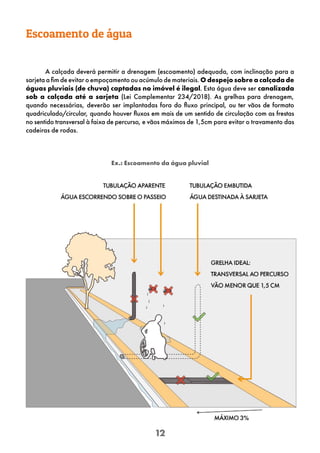 12
Escoamento de água
A calçada deverá permitir a drenagem (escoamento) adequada, com inclinação para a
sarjeta a fim de evitar o empoçamento ou acúmulo de materiais. O despejo sobre a calçada de
águas pluviais (de chuva) captadas no imóvel é ilegal. Esta água deve ser canalizada
sob a calçada até a sarjeta (Lei Complementar 234/2018). As grelhas para drenagem,
quando necessárias, deverão ser implantadas fora do fluxo principal, ou ter vãos de formato
quadriculado/circular, quando houver fluxos em mais de um sentido de circulação com as frestas
no sentido transversal à faixa de percurso, e vãos máximos de 1,5cm para evitar o travamento das
cadeiras de rodas.
Ex.: Escoamento da água pluvial
 