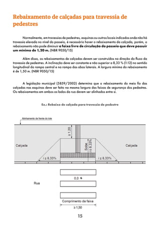 15
Rebaixamento de calçadas para travessia de
pedestres
Normalmente, em travessias de pedestres, esquinas ou outros locais indicados onde não há
travessia elevada no nível do passeio, é necessário haver o rebaixamento da calçada, porém, o
rebaixamento não pode diminuir a faixa livre de circulação do passeio que deve possuir
um mínimo de 1,20 m. (NBR 9050/15)
Além disso, os rebaixamentos de calçadas devem ser construídos na direção do fluxo da
travessia de pedestres. A inclinação deve ser constante e não superior a 8,33 % (1:12) no sentido
longitudinal da rampa central e na rampa das abas laterais. A largura mínima do rebaixamento
é de 1,50 m. (NBR 9050/15)
A legislação municipal (5859/2002) determina que o rebaixamento do meio fio das
calçadas nas esquinas deve ser feito na mesma largura das faixas de segurança dos pedestres.
Os rebaixamentos em ambos os lados da rua devem ser alinhados entre si.
Ex.: Rebaixo de calçada para travessia de pedestre
 
