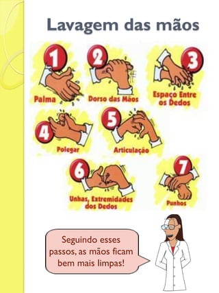 Lavagem das mãos 
Seguindo esses passos, as mãos ficam bem mais limpas! 
 