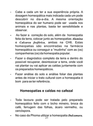 - Cabe a cada um ter a sua experiência própria. A
dosagem homeopática mais indicada cada um pode
descobrir no dia-a-dia. A mesma orientação
homeopática do ser humano pode ser usada nos
animais e nas plantas, basta ter sensibilidade e
observar.
- Ao fazer a correção do solo, além da homeopatia
feita da terra, colocar junto as homeopatias Alumina
e Calcarea fosfórica, ambas na CH6. Estas
homeopatias são encontradas na farmácia
homeopática ou conseguir a “mudinha” com as (os)
companheiras (os) da homeopatia popular.
- Fazer o diagnóstico completo da terra e dentro do
possível recuperar, desintoxicar a terra, onde você
vai plantar ou vai aplicar as caldas juntamente com
os preparados homeopáticos.
- Fazer análise do solo e análise foliar das plantas
antes de iniciar o trato cultural com a homeopatia é
bom para se ter referência.
Homeopatias e caldas no cafezal
- Toda lavoura pode ser tratada pelo preparado
homeopático feito com o bicho mineiro, broca do
café, ferrugem das folhas, ácaro vermelho, ou
cercóspora.
- No caso da Phoma utilizar a homeopatia Dulcamara,
21
 