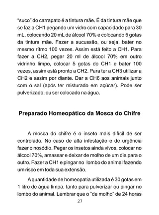 “suco” do carrapato é a tintura mãe. É da tintura mãe que
se faz a CH1 pegando um vidro com capacidade para 30
mL, colocando 20 mL de álcool 70% e colocando 5 gotas
da tintura mãe. Fazer a sucussão, ou seja, bater no
mesmo rítmo 100 vezes. Assim está feito a CH1. Para
fazer a CH2, pegar 20 ml de álcool 70% em outro
vidrinho limpo, colocar 5 gotas do CH1 e bater 100
vezes, assim está pronto a CH2. Para ter a CH3 utilizar a
CH2 e assim por diante. Dar a CH6 aos animais junto
com o sal (após ter misturado em açúcar). Pode ser
pulverizado, ou ser colocado na água.
Preparado Homeopático da Mosca do Chifre
A mosca do chifre é o inseto mais difícil de ser
controlado. No caso de alta infestação e de urgência
fazer o nosódio. Pegar os insetos ainda vivos, colocar no
álcool 70%, amassar e deixar de molho de um dia para o
outro. Fazer a CH1 e pingar no lombo do animal fazendo
um risco em toda sua extensão.
Aquantidade de homeopatia utilizada é 30 gotas em
1 litro de água limpa, tanto para pulverizar ou pingar no
lombo do animal. Lembrar que o “de molho” de 24 horas
27
 