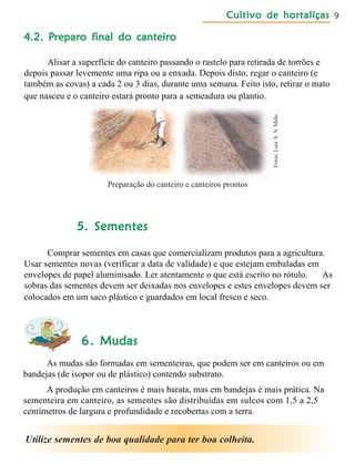 Cultivo de hortaliçasCultivo de hortaliçasCultivo de hortaliçasCultivo de hortaliçasCultivo de hortaliças 9
4.2. P4.2. P4.2. P4.2. P4.2. Preparreparreparreparreparo final do canteiro final do canteiro final do canteiro final do canteiro final do canteirooooo
Alisar a superfície do canteiro passando o rastelo para retirada de torrões e
depois passar levemente uma ripa ou a enxada. Depois disto, regar o canteiro (e
também as covas) a cada 2 ou 3 dias, durante uma semana. Feito isto, retirar o mato
que nasceu e o canteiro estará pronto para a semeadura ou plantio.
Preparação do canteiro e canteiros prontos
5. Sementes5. Sementes5. Sementes5. Sementes5. Sementes
Comprar sementes em casas que comercializam produtos para a agricultura.
Usar sementes novas (verificar a data de validade) e que estejam embaladas em
envelopes de papel aluminisado. Ler atentamente o que está escrito no rótulo. As
sobras das sementes devem ser deixadas nos envelopes e estes envelopes devem ser
colocados em um saco plástico e guardados em local fresco e seco.
66666. Mudas. Mudas. Mudas. Mudas. Mudas
As mudas são formadas em sementeiras, que podem ser em canteiros ou em
bandejas (de isopor ou de plástico) contendo substrato.
A produção em canteiros é mais barata, mas em bandejas é mais prática. Na
sementeira em canteiro, as sementes são distribuídas em sulcos com 1,5 a 2,5
centímetros de largura e profundidade e recobertas com a terra.
Utilize sementes de boa qualidade para ter boa colheita.
Fotos:LuizA.S.Melo
 