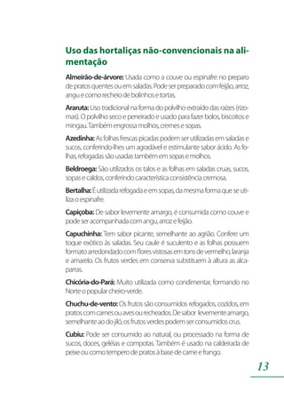 13
Uso das hortaliças não-convencionais na ali-
mentação
Almeirão-de-árvore: Usada como a couve ou espinafre no preparo
depratosquentesouemsaladas.Podeserpreparadocomfeijão,arroz,
anguecomorecheiodebolinhosetortas.
Araruta:Uso tradicional na forma do polvilho extraído das raízes (rizo-
mas).Opolvilhosecoepeneiradoeusadoparafazerbolos,biscoitose
mingau.Tambémengrossamolhos,cremesesopas.
Azedinha:Asfolhasfrescaspicadaspodemserutilizadasemsaladase
sucos, conferindo-lhes um agradável e estimulante sabor ácido. As fo-
lhas,refogadassãousadastambémemsopasemolhos.
Beldroega: São utilizados os talos e as folhas em saladas cruas, sucos,
sopasecaldos,conferindocaracterísticaconsistênciacremosa.
Bertalha:Éutilizadarefogadaeemsopas,damesmaformaqueseuti-
lizaoespinafre.
Capiçoba: De sabor levemente amargo, é consumida como couve e
podeseracompanhadacomangu,arrozefeijão.
Capuchinha: Tem sabor picante, semelhante ao agrião. Confere um
toque exótico às saladas. Seu caule é suculento e as folhas possuem
formatoarredondadocomfloresvistosasemtonsdevermelho,laranja
e amarelo. Os frutos verdes em conserva substituem à altura as alca-
parras.
Chicória-do-Pará: Muito utilizada como condimentar, formando no
Norteopopularcheiro-verde.
Chuchu-de-vento: Os frutos são consumidos refogados, cozidos, em
pratoscomcarnesouavesourecheados.Desabor levementeamargo,
semelhanteaodojiló,osfrutosverdespodemserconsumidoscrus.
Cubiu: Pode ser consumido ao natural, ou processado na forma de
sucos, doces, geléias e compotas. Também é usado na caldeirada de
peixeoucomotemperodepratosàbasedecarneefrango.
 