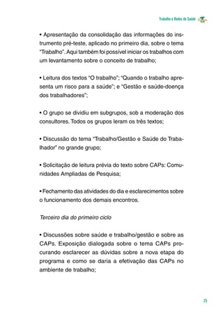 Trabalho e Redes de Saúde 
25 
• Apresentação da consolidação das informações do ins-trumento 
pré-teste, aplicado no primeiro dia, sobre o tema 
“Trabalho”. Aqui também foi possível iniciar os trabalhos com 
um levantamento sobre o conceito de trabalho; 
• Leitura dos textos “O trabalho”; “Quando o trabalho apre-senta 
um risco para a saúde”; e “Gestão e saúde-doença 
dos trabalhadores”; 
• O grupo se dividiu em subgrupos, sob a moderação dos 
consultores. Todos os grupos leram os três textos; 
• Discussão do tema “Trabalho/Gestão e Saúde do Traba-lhador” 
no grande grupo; 
• Solicitação de leitura prévia do texto sobre CAPs: Comu-nidades 
Ampliadas de Pesquisa; 
• Fechamento das atividades do dia e esclarecimentos sobre 
o funcionamento dos demais encontros. 
Terceiro dia do primeiro ciclo 
• Discussões sobre saúde e trabalho/gestão e sobre as 
CAPs. Exposição dialogada sobre o tema CAPs pro-curando 
esclarecer as dúvidas sobre a nova etapa do 
programa e como se daria a efetivação das CAPs no 
ambiente de trabalho; 
 