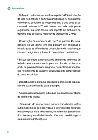 Ministério da Saúde 
26 
• Definição do tema a ser analisado pela CAP (delimitação 
do foco de análise): a partir da consignação “O que a gente 
vai olhar no cotidiano de nosso trabalho e que pode estar 
causando sofrimento?”, solicitou-se que cada participante 
registrasse, em uma tarjeta, um aspecto do ambiente de 
trabalho que estivesse merecendo atenção da CAPs; 
• Construção de um “mapa de risco” na parede. Ou seja, 
constrói-se um painel em que possam ser anotadas e 
visualizadas as dificuldades do ambiente de trabalho que 
causam desgaste e sofrimento no cotidiano profissional; 
• Discussão sobre a demanda de análise do ambiente de 
trabalho e encaminhamento para escolha de um tema, a 
partir da governabilidade do grupo, para introduzir mudan-ças 
no ambiente de trabalho. Equalização da compreensão 
do tema escolhido; 
• Desdobramento do tema escolhido, por meio da explora-ção 
de sua significação para a equipe; 
• Ampliar a discussão para subtemas que deverão ser objeto 
de análise do grupo; 
• Discussão do modo como seriam trabalhados estes 
subtemas: meios de observação e definição dos recursos 
metodológicos mais adequados, instrumentos (questioná-rios 
com perguntas fechadas e/ou abertas), uso de imagens 
(registros fotográficos), etc. 
 