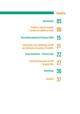 Sumário 
Apresentação 05 
08 Trabalho e redes de cuidado: 
sentidos do trabalho na saúde 
Comunidade Ampliada de Pesquisa (CAP) 15 
Apropriando-se da metodologia da CAP 21 
para utilização nos espaços de trabalho 
Curso Introdutório – Primeiro Ciclo 22 
Encontros Sequenciais da CAP 
– Segundo Ciclo 
27 Referências 36 
Glossário 37 
 