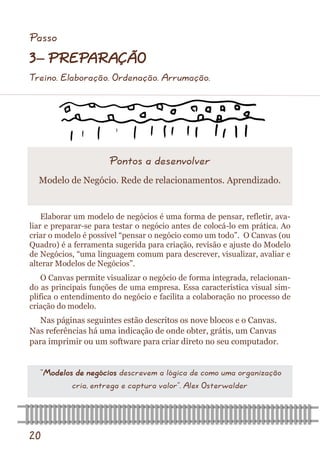 20 
Pontos a desenvolver 
Modelo de Negócio. Rede de relacionamentos. Aprendizado. 
Elaborar um modelo de negócios é uma forma de pensar, refletir, ava- liar e preparar-se para testar o negócio antes de colocá-lo em prática. Ao criar o modelo é possível “pensar o negócio como um todo”. O Canvas (ou Quadro) é a ferramenta sugerida para criação, revisão e ajuste do Modelo de Negócios, “uma linguagem comum para descrever, visualizar, avaliar e alterar Modelos de Negócios”. 
O Canvas permite visualizar o negócio de forma integrada, relacionan- do as principais funções de uma empresa. Essa característica visual sim- plifica o entendimento do negócio e facilita a colaboração no processo de criação do modelo. 
Nas páginas seguintes estão descritos os nove blocos e o Canvas. Nas referências há uma indicação de onde obter, grátis, um Canvas para imprimir ou um software para criar direto no seu computador. 
“Modelos de negócios descrevem a lógica de como uma organização cria, entrega e captura valor”. Alex Osterwalder 
Passo 
3– PREPARAÇÃO 
Treino. Elaboração. Ordenação. Arrumação.  