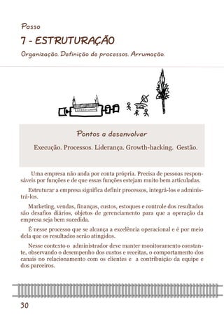 30 
Uma empresa não anda por conta própria. Precisa de pessoas respon- sáveis por funções e de que essas funções estejam muito bem articuladas. 
Estruturar a empresa significa definir processos, integrá-los e adminis- trá-los. 
Marketing, vendas, finanças, custos, estoques e controle dos resultados são desafios diários, objetos de gerenciamento para que a operação da empresa seja bem sucedida. 
É nesse processo que se alcança a excelência operacional e é por meio dela que os resultados serão atingidos. 
Nesse contexto o administrador deve manter monitoramento constan- te, observando o desempenho dos custos e receitas, o comportamento dos canais no relacionamento com os clientes e a contribuição da equipe e dos parceiros. 
Pontos a desenvolver 
Execução. Processos. Liderança. Growth-hacking. Gestão. 
Passo 
7 - ESTRUTURAÇÃO 
Organização. Definição de processos. Arrumação.  